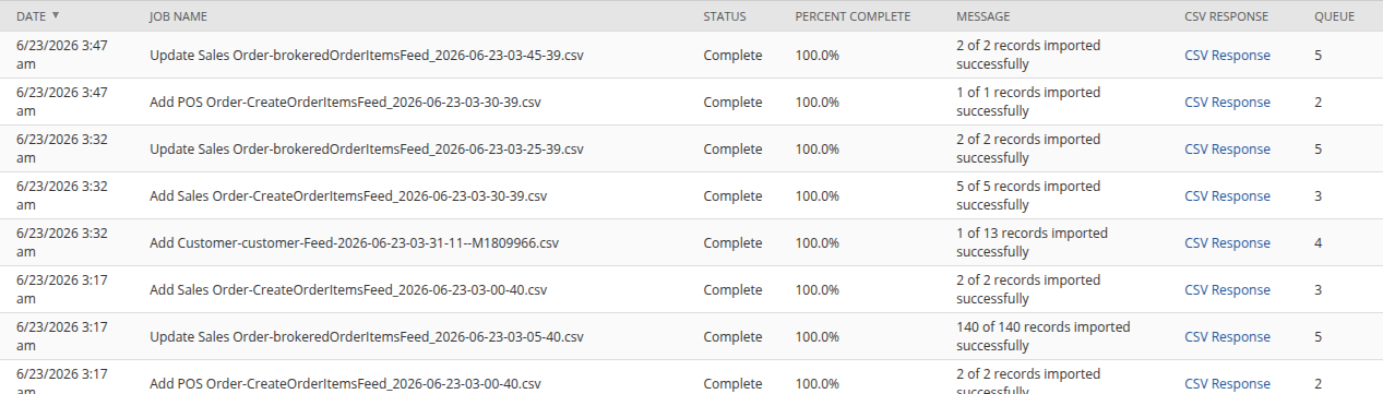 NetSuite CSV Import Status page showing uploaded files and processing results