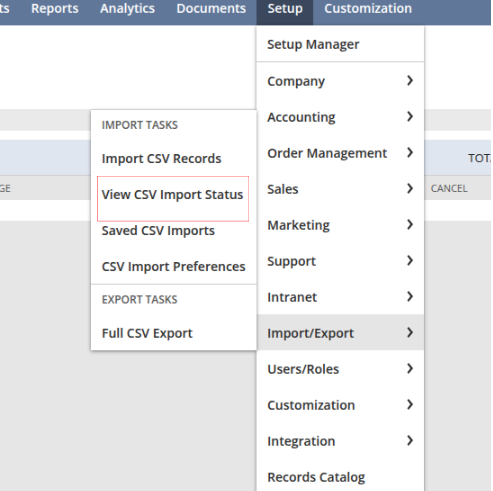 NetSuite CSV Import Status page
