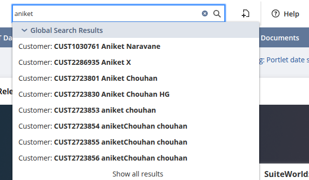 NetSuite Global Search showing a customer search