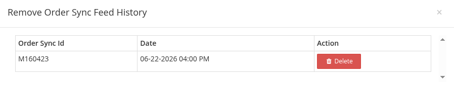 Order Details page showing the Order Sync Feed History dialog