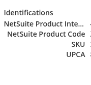 Product Identifications showing the NetSuite Product Internal ID